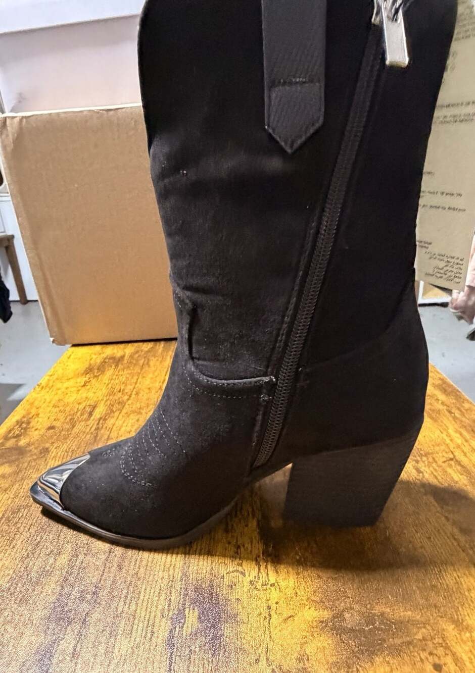 The Drop Western Cowboy Booties Black Faux Suede Metallic Toe